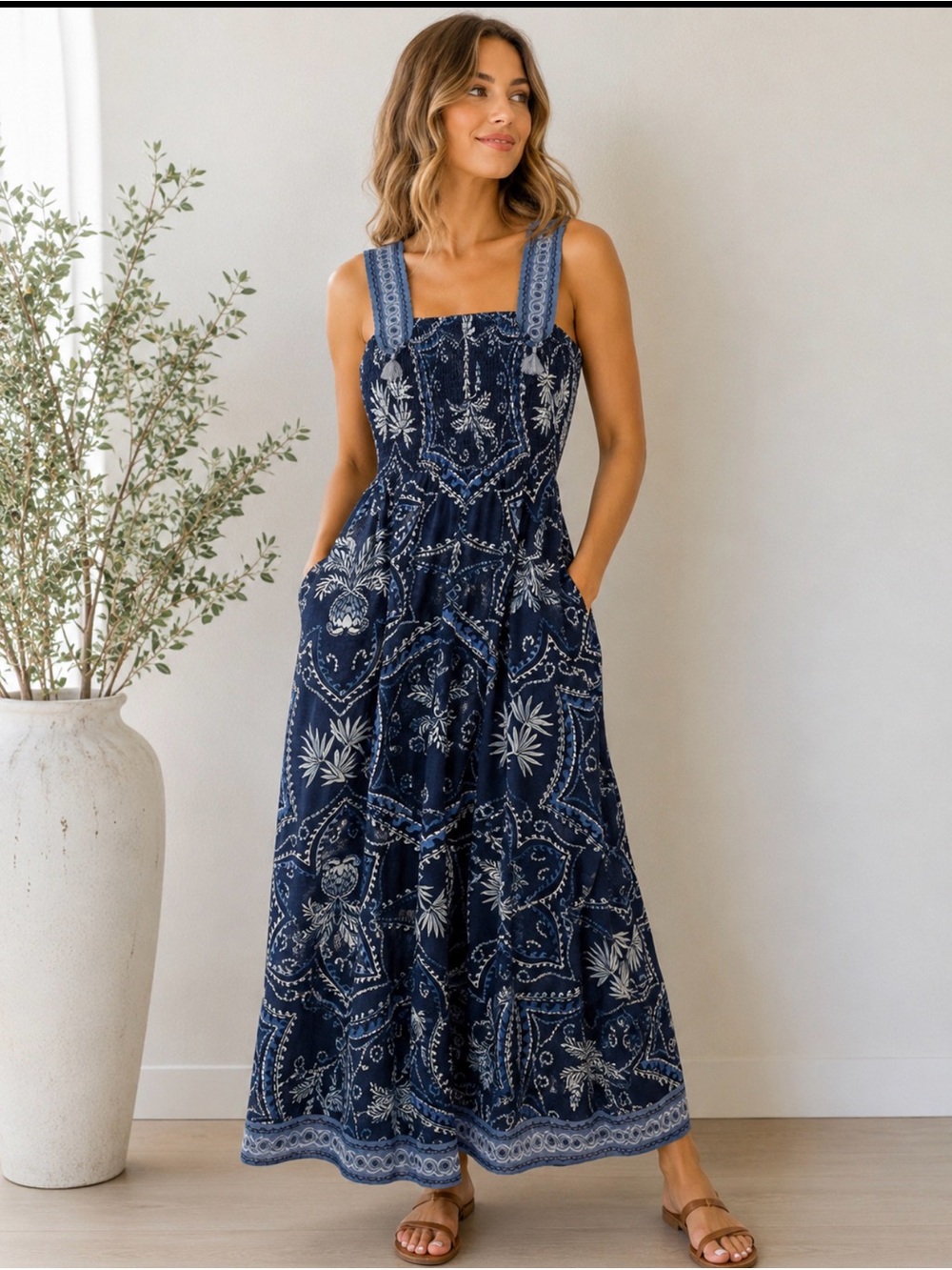 Spartina 449 Ogeechee‎ Palm Medallion Midi XS Blue Smocked Linen Blend Coastal